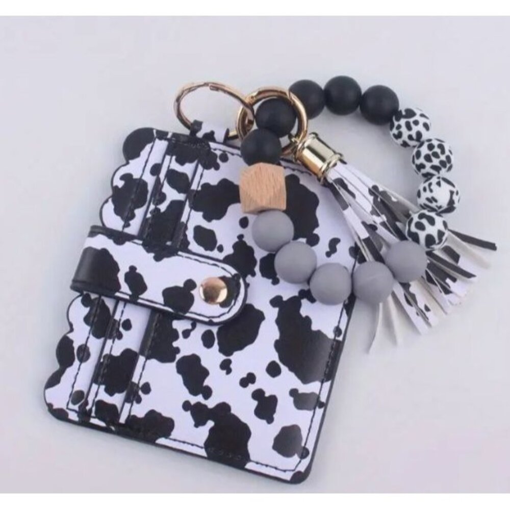 Cow Print ID & Card Holder With‎ Gray Accent Beads Wallet/Wristlet/Keychain NEW